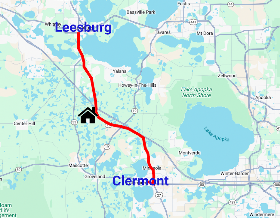 Map showing the prime location of Royal Highlands, just minutes from shopping, dining, and healthcare in Leesburg, FL.