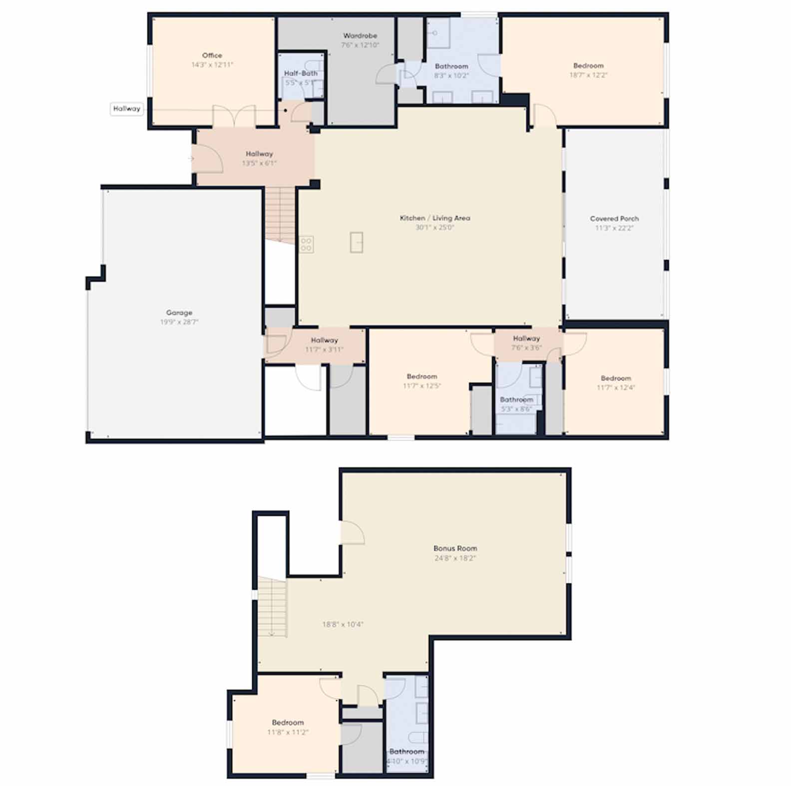 Open-concept living and dining area with modern tile flooring and seamless flow to kitchen.
