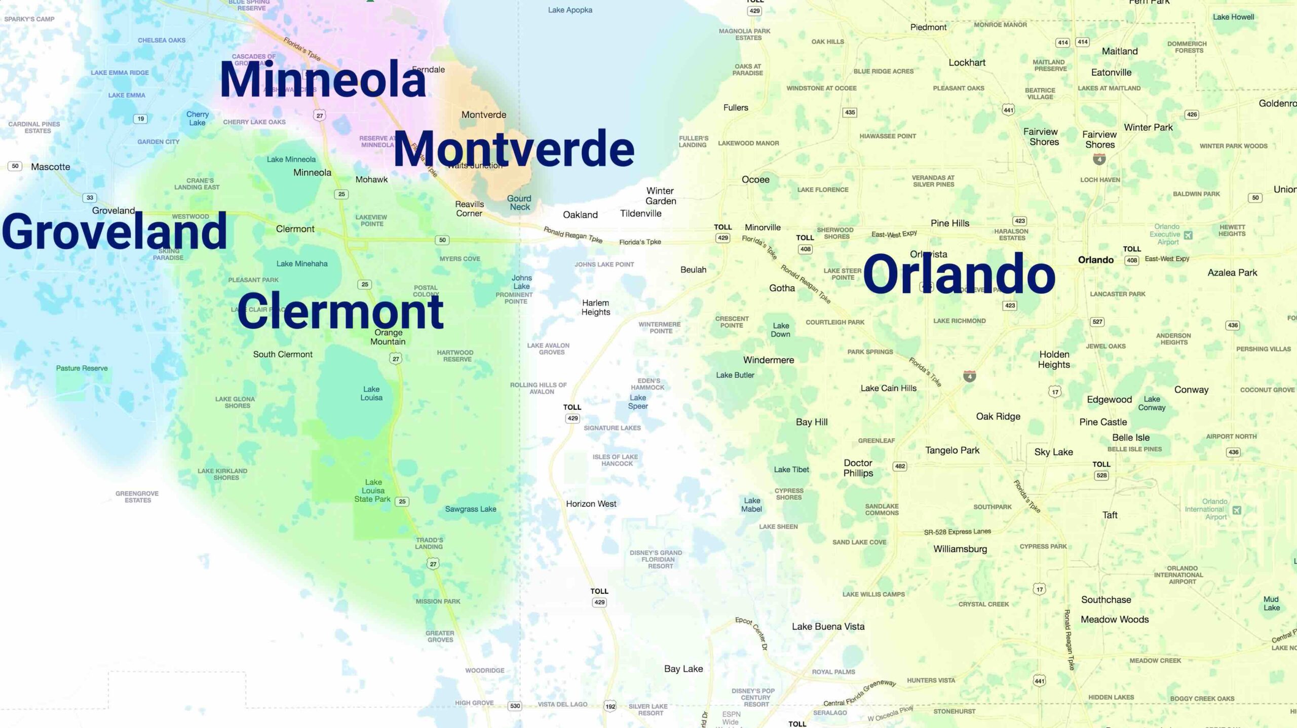 Graphic showing hyperlocal market differences by town and price point for Orlando, Clermont, Montverde, Minneola and Groveland