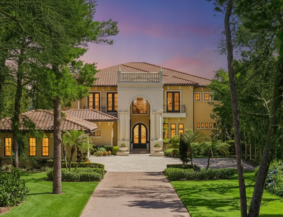 Twilight exterior view of Villa Esperanza overlooking Lake Sienna in Bella Collina